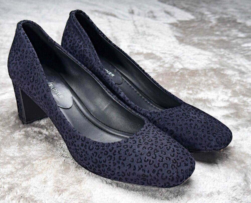 Donald Pliner Navy Suede Leopard Print Square Toe Block Heel Pumps Womens Size 7